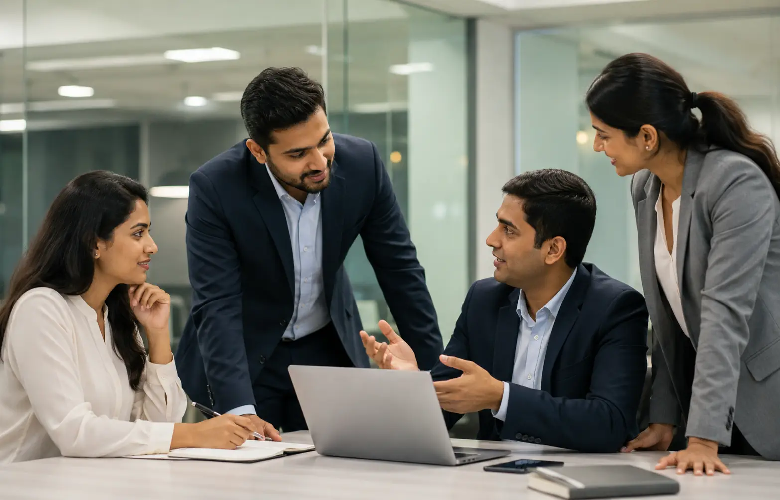 Advocates and case managers reviewing a client's loan file together around a laptop